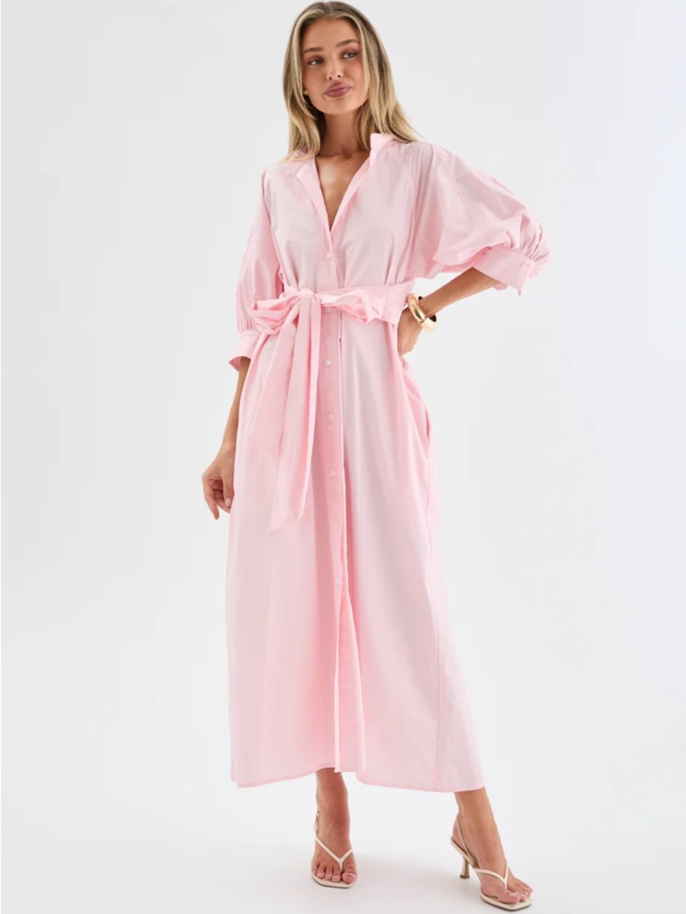 Soft Pink Button-Front Tie-Waist Dress